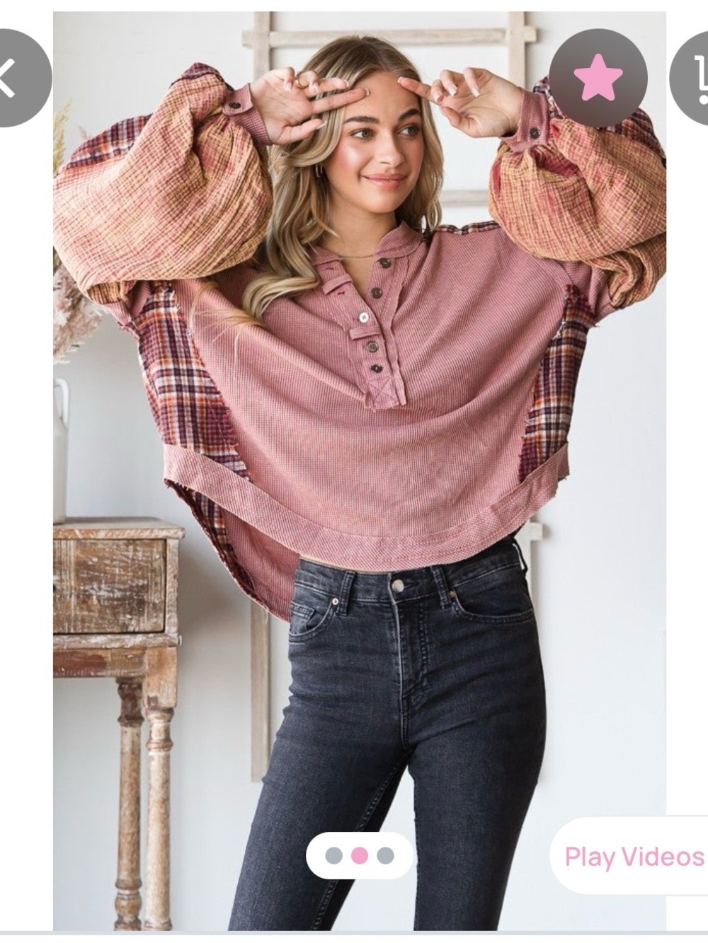 Oli & Hali Dusty Rose Plaid Patchwork Henley Top